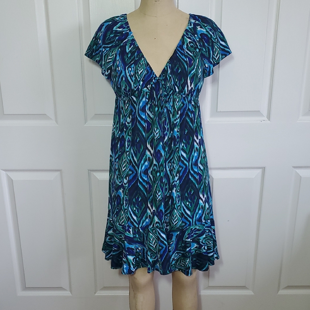 Ikat Pattern Blues & Greens Midi Dress - Size L